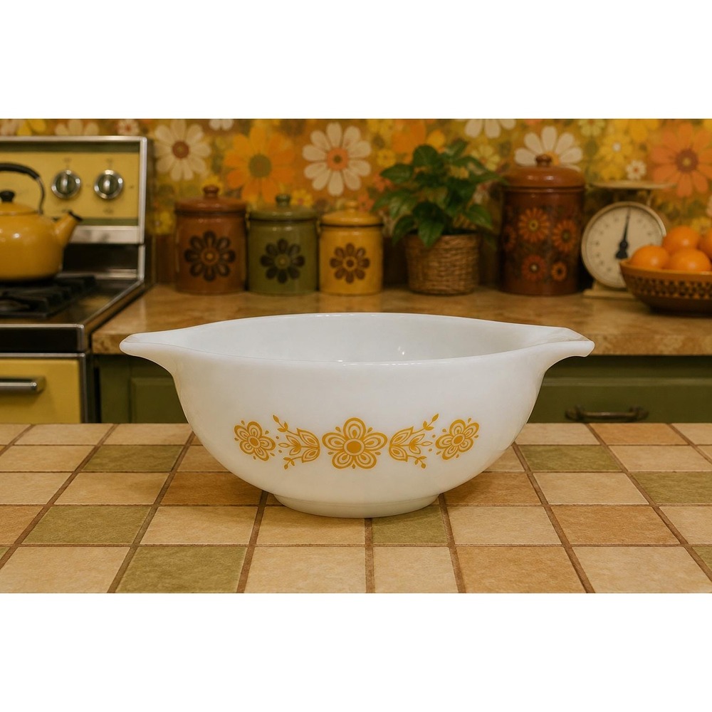 VTG 1970s Pyrex Butterfly Gold Cinderella Mixing Bowl, #443, 2 1/2 quarts EUC